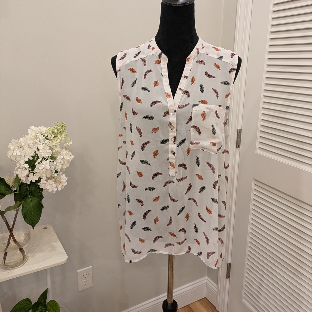 Women's Feather Print Blouse - White Black Tan Size 14